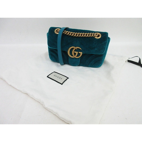 Gucci Chain Shoulder Marmont GG Velvet Bag Blue - Picture 10 of 10